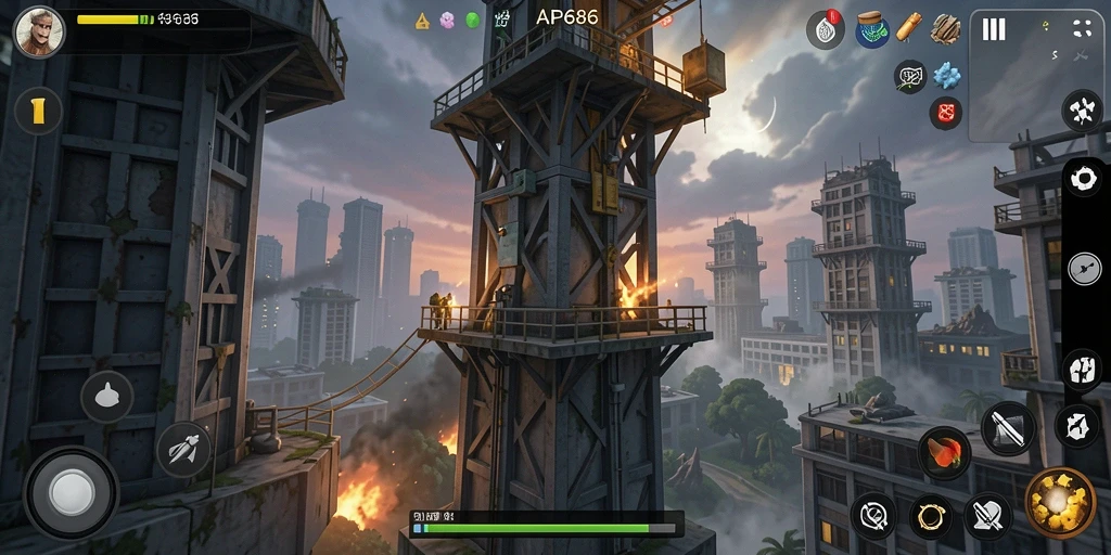 Gameplay AP686 menunjukkan aksi menara mempertahankan jalur dari serangan musuh.