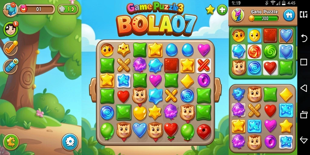 Screenshot gameplay BOLA07 menampilkan kombinasi bola warna-warni yang menarik.