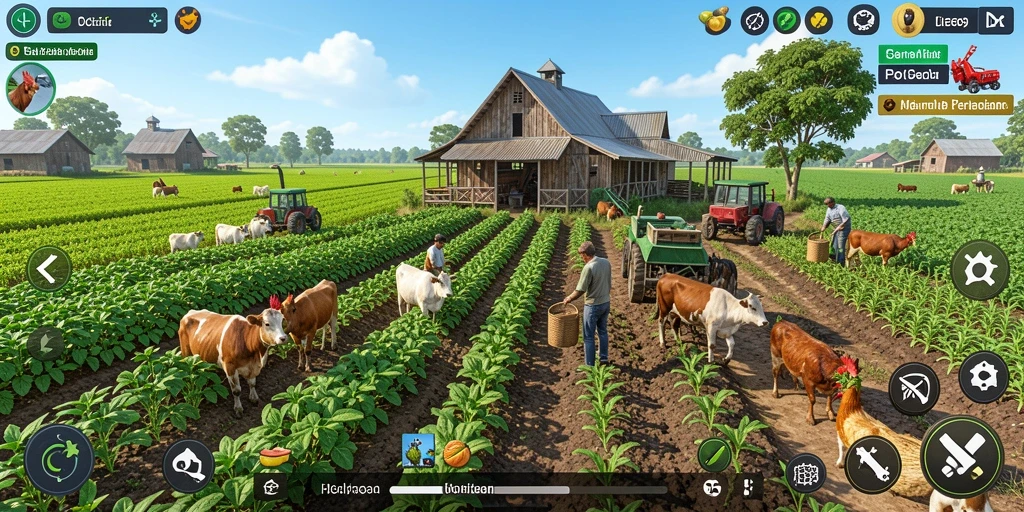 Tangkapan layar gameplay OCE69 menampilkan ladang pertanian yang subur dan hewan ternak yang bahagia.