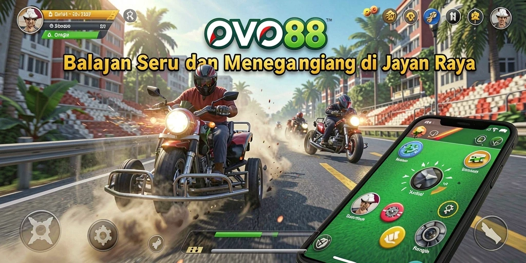 Tampilan gameplay OVO88 yang penuh aksi di trek balapan.