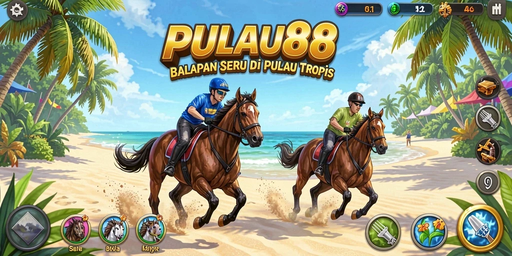 Tampilan screenshot PULAU88 menampilkan balapan seru di trek tropis.