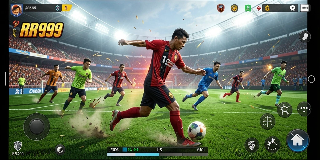 Tangkapan layar gameplay RR999 menampilkan aksi seru di lapangan sepak bola.